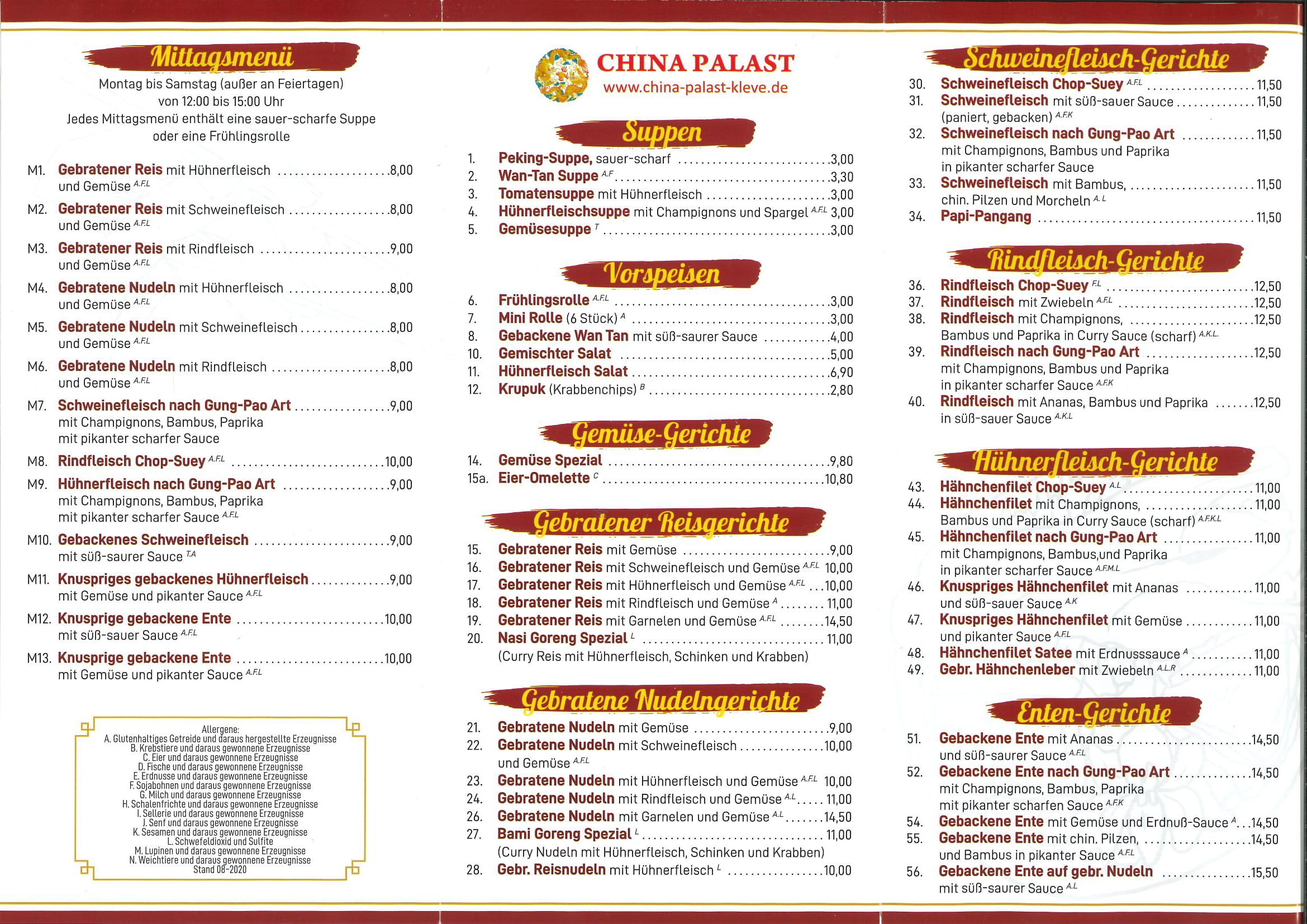 China Palast Kleve - Speisekarte - ab 08-2020 - Rückseite