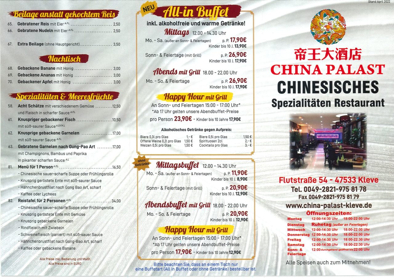 Speisekarte China Palast Chinesisches Spezialitäten Buffet